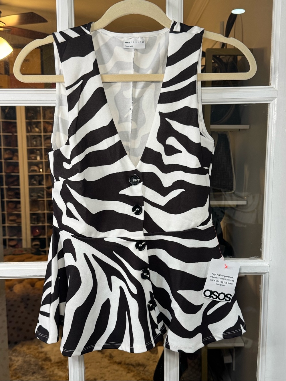 🦓▪️ASOS DESIGN button up v neck with cinch waist in zebra print blouse peplum - Picture 4 of 9